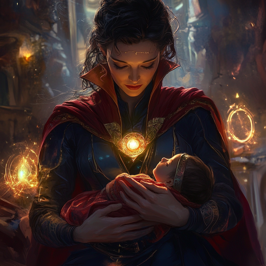 Motherly Doctor Strange with baby, protective spells in Sanctum Sanctorum.