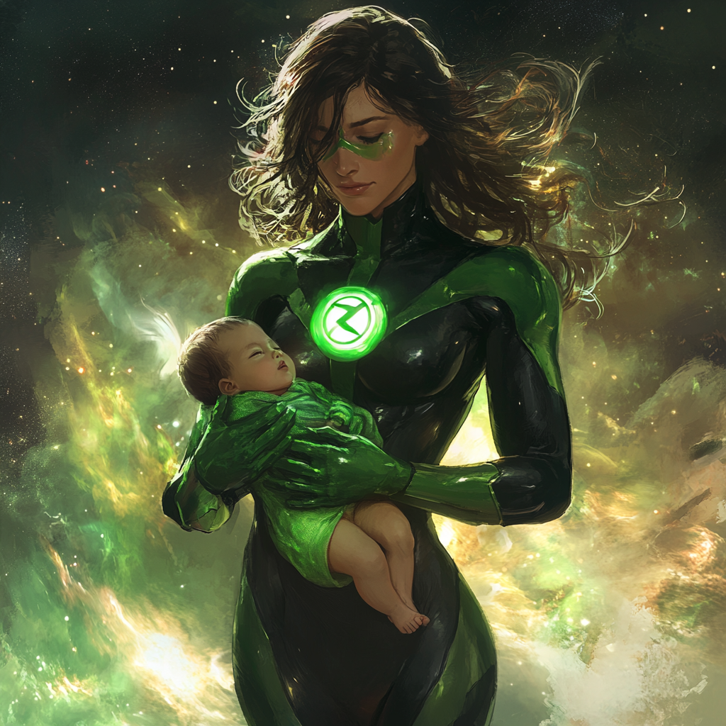 Motherly Green Lantern with baby in space.