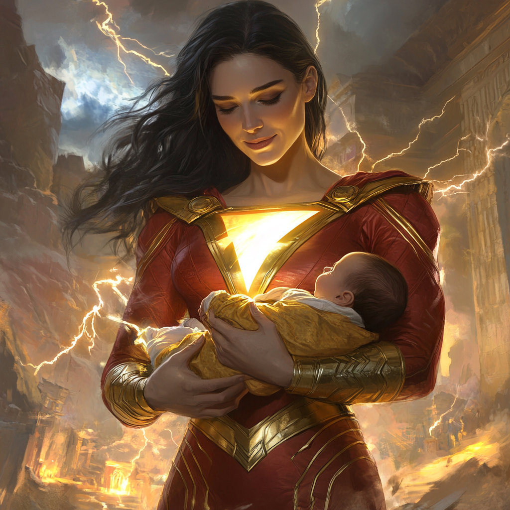 Motherly Shazam holding baby in glowing, magical hands.