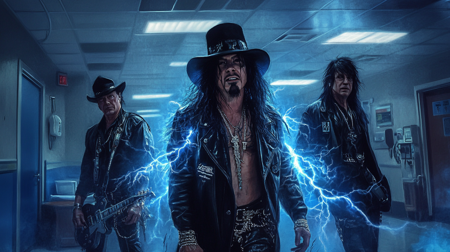 Motley Crue members in hospital ER with blue lightning.