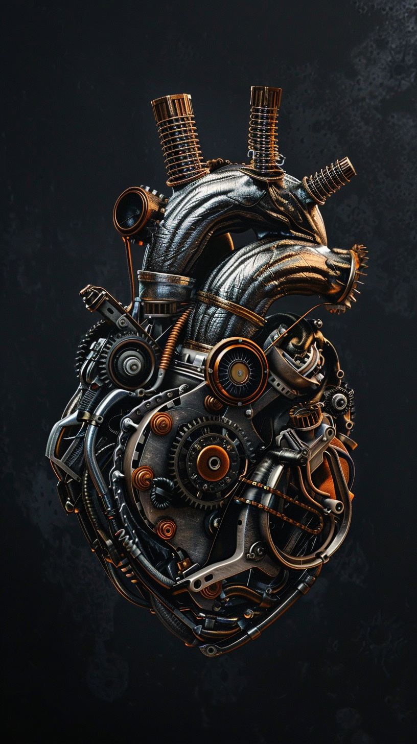 Motorcycle engine parts heart, detailed and realistic style.