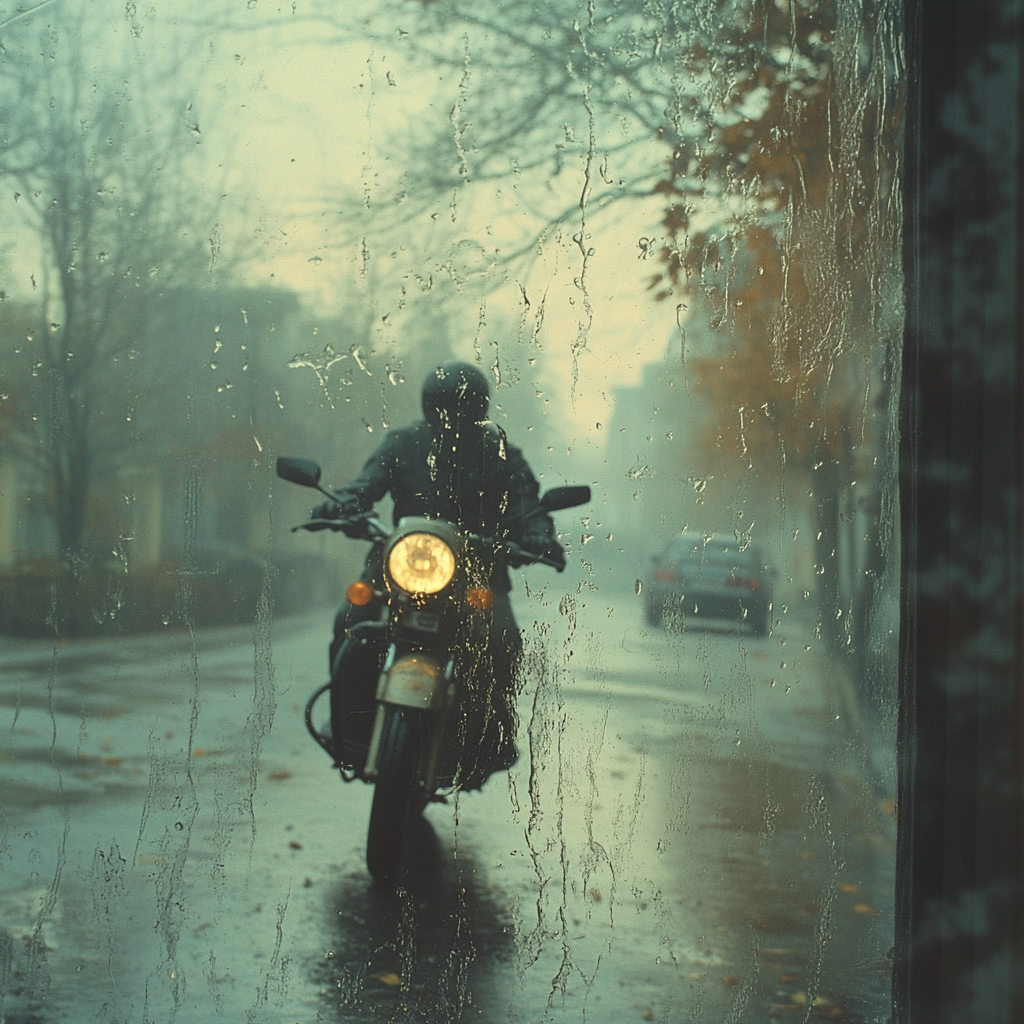 Motorcycle outside covered with dew in late autumn dew.