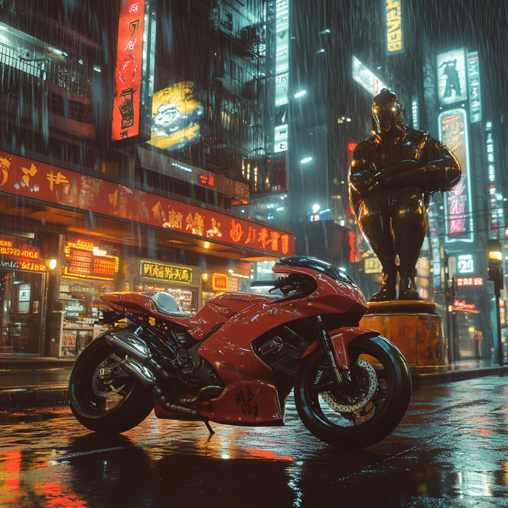 Motorcycle outside cyberpunk ramen shop with tanuki statue.