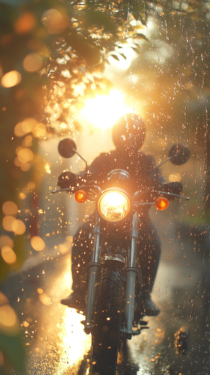 Motorcycle outside in autumn, hazy glass, bright sun.