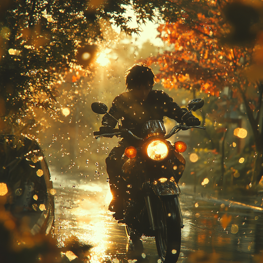 Motorcycle outside window with dew, bright sun, Makoto Shinkai.