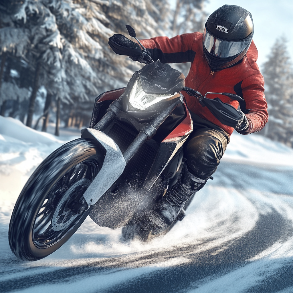 Motorcycle rider on icy road, skillfully maintaining balance.