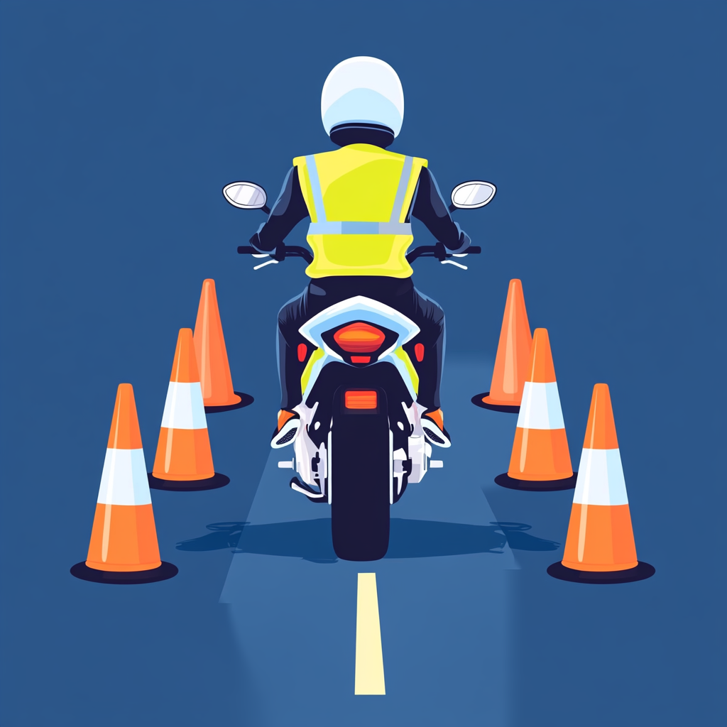 Motorcyclist Riding on Road with Traffic Cones