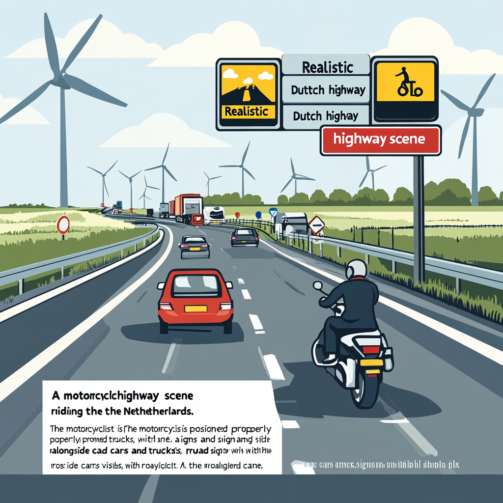 Motorcyclist following Dutch traffic rules on sunny highway scene.