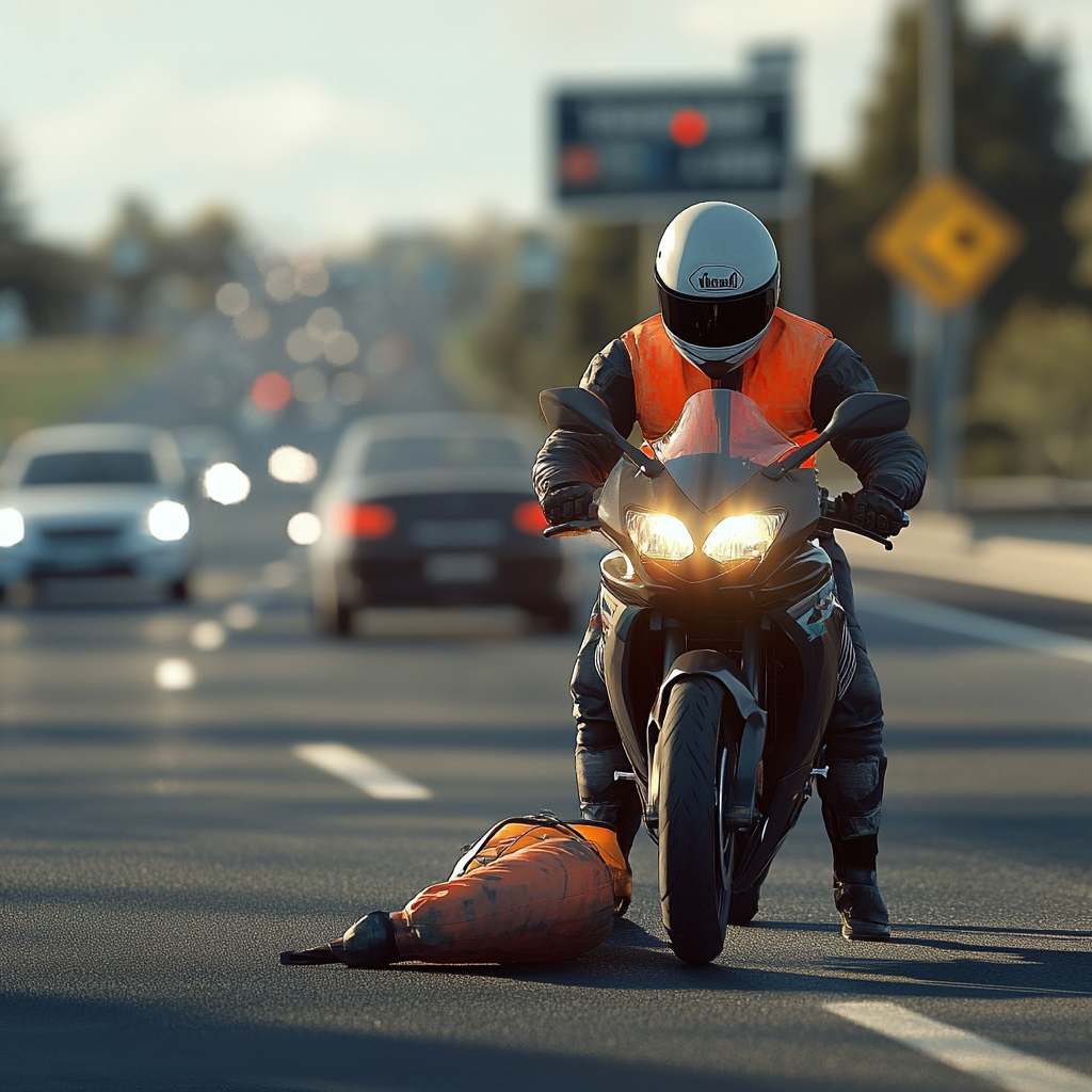 Motorcyclist in gear pushing broken bike on busy road.