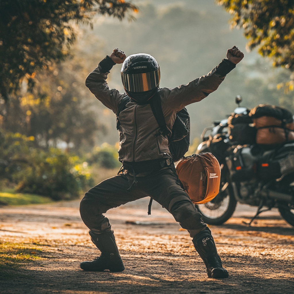 Motorcyclist in gear stretching near parked motorcycle at dawn.