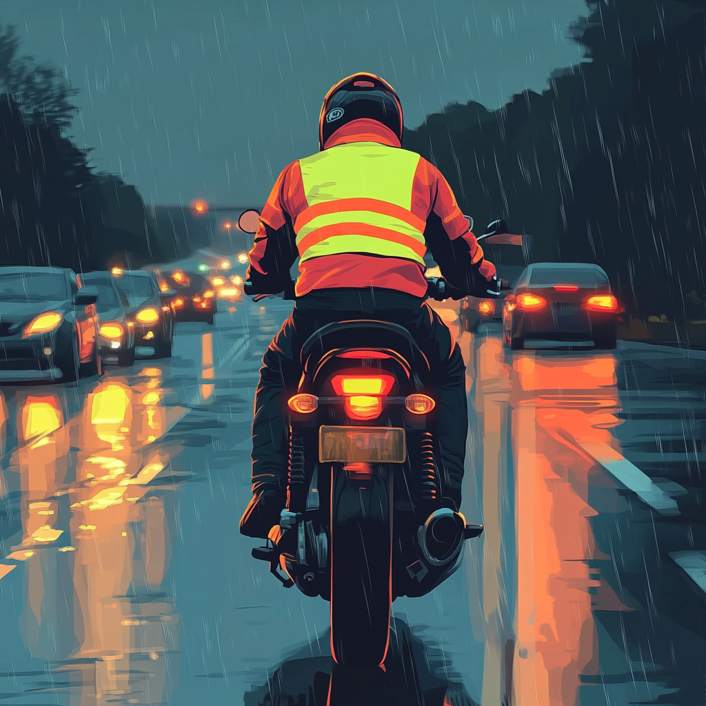 Motorcyclist in neon gear rides on wet road at dusk.