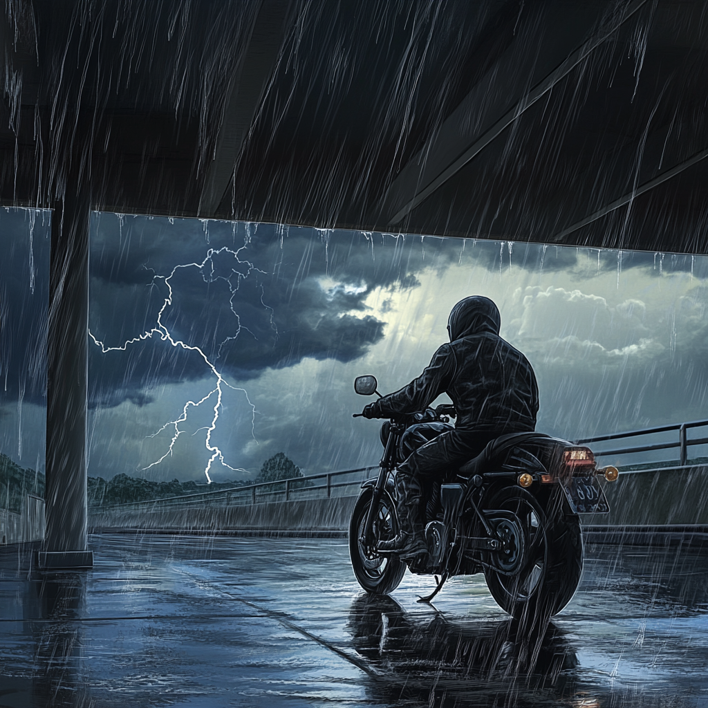 Motorcyclist in rain gear shelters in covered parking. Lightning.