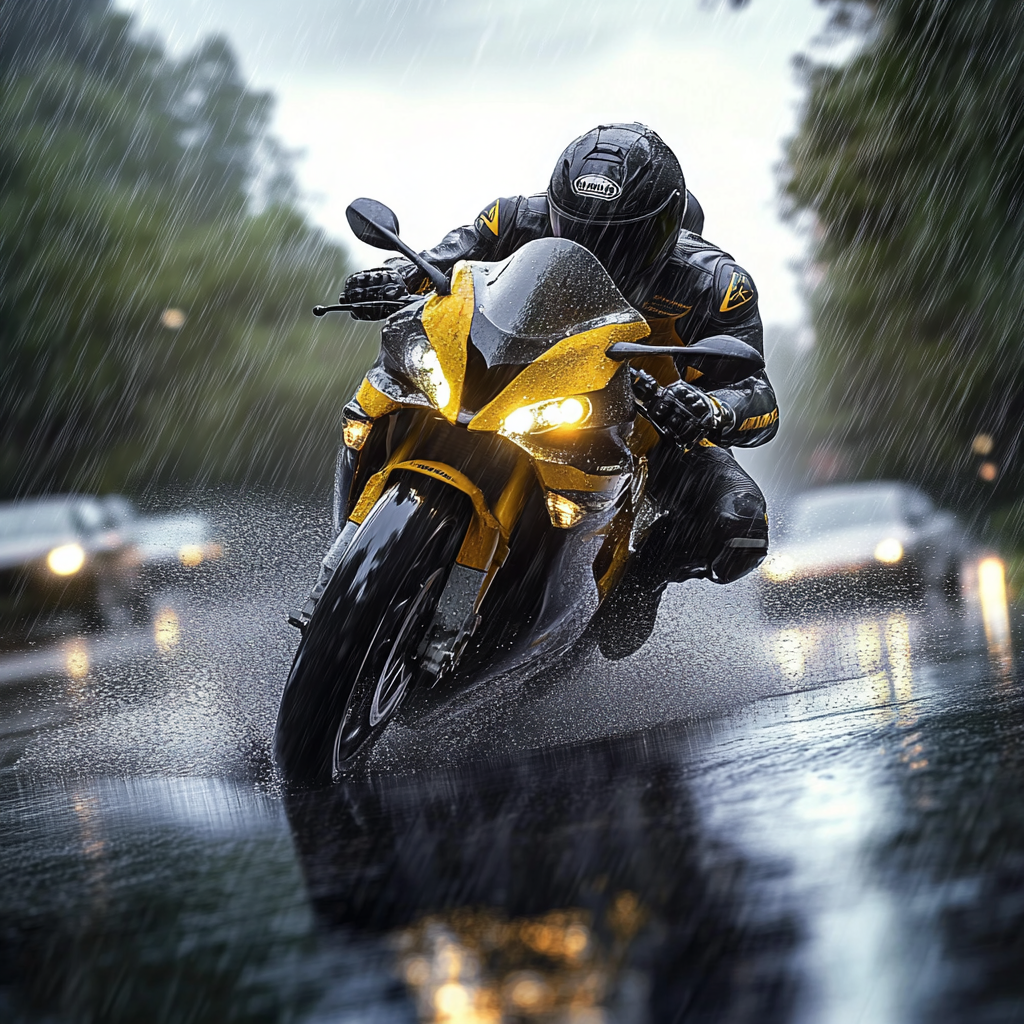 Motorcyclist in rain slowing down to avoid skidding.