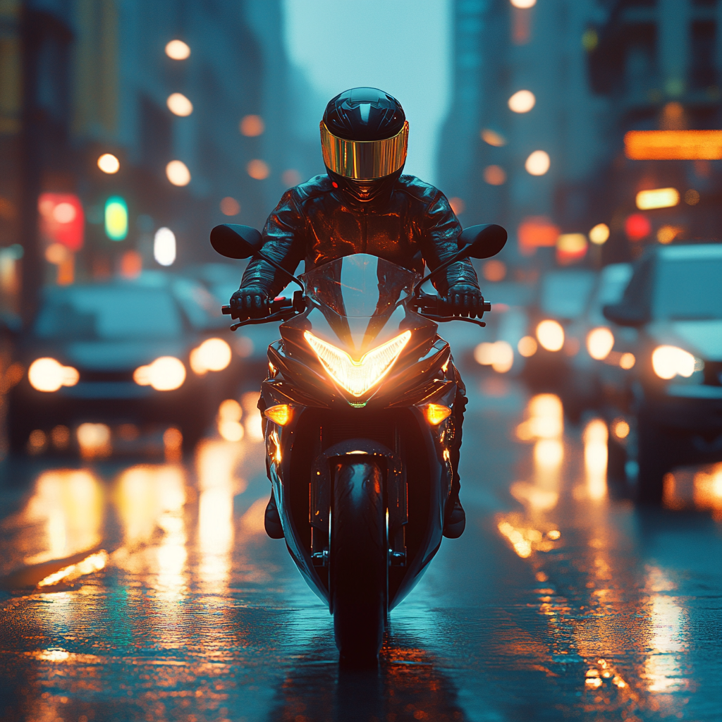 Motorcyclist in reflective gear on rainy urban street at dusk.