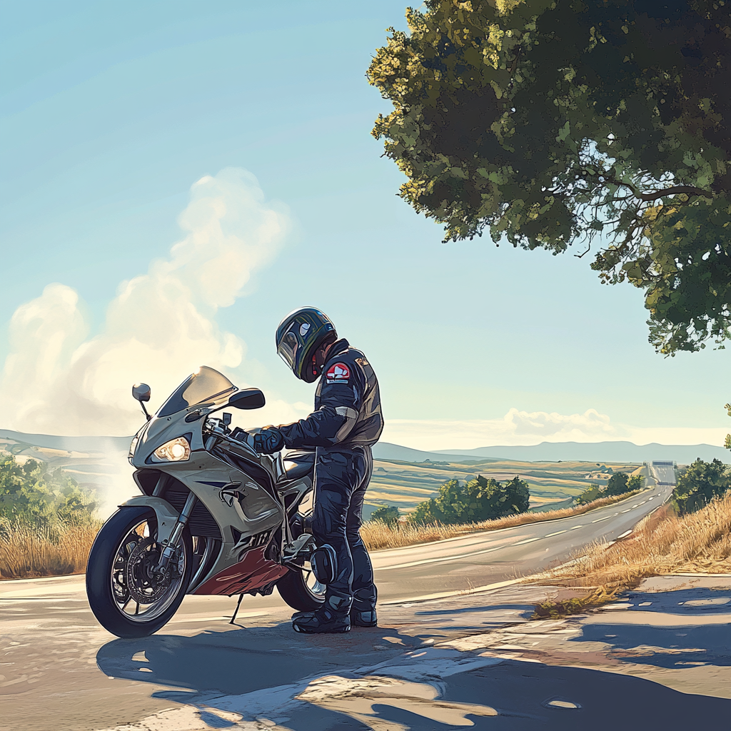 Motorcyclist inspecting engine with visible steam, sunny roadside setting.