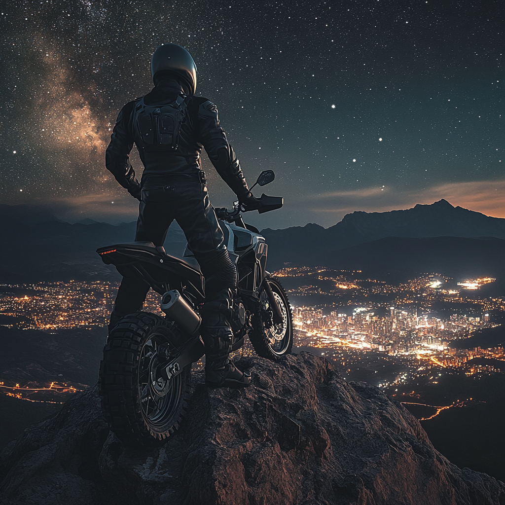 Motorcyclist on mountain peak looking at city at night