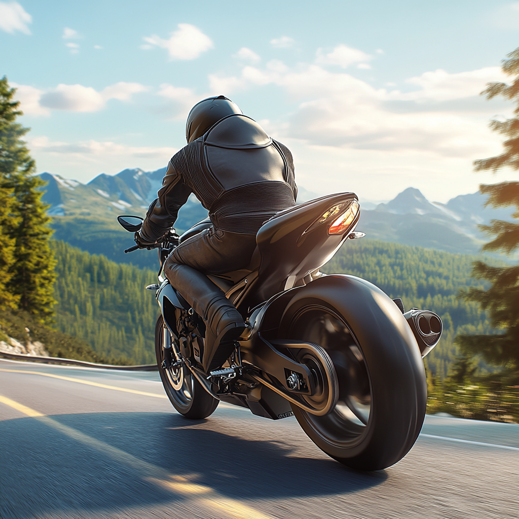 Motorcyclist on scenic road with proper riding posture and gear.