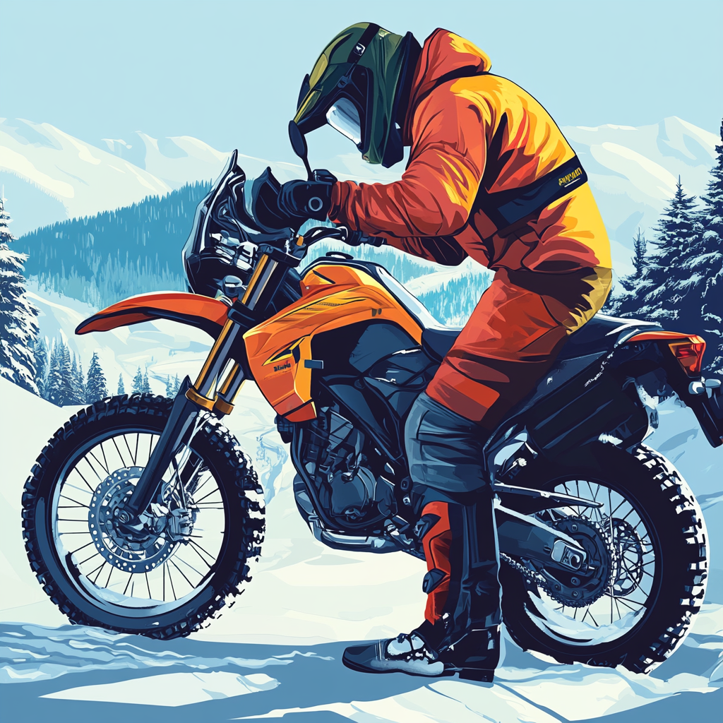 Motorcyclist prepping bike with winter tires and antifreeze.