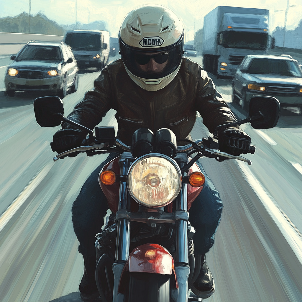 Motorcyclist pushes broken bike off busy road safely.