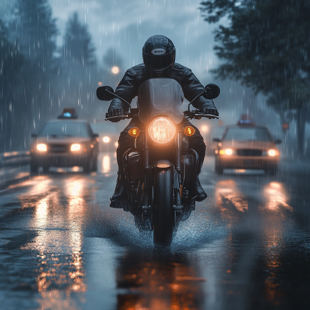 Motorcyclist rides cautiously in rain and fog on city road.