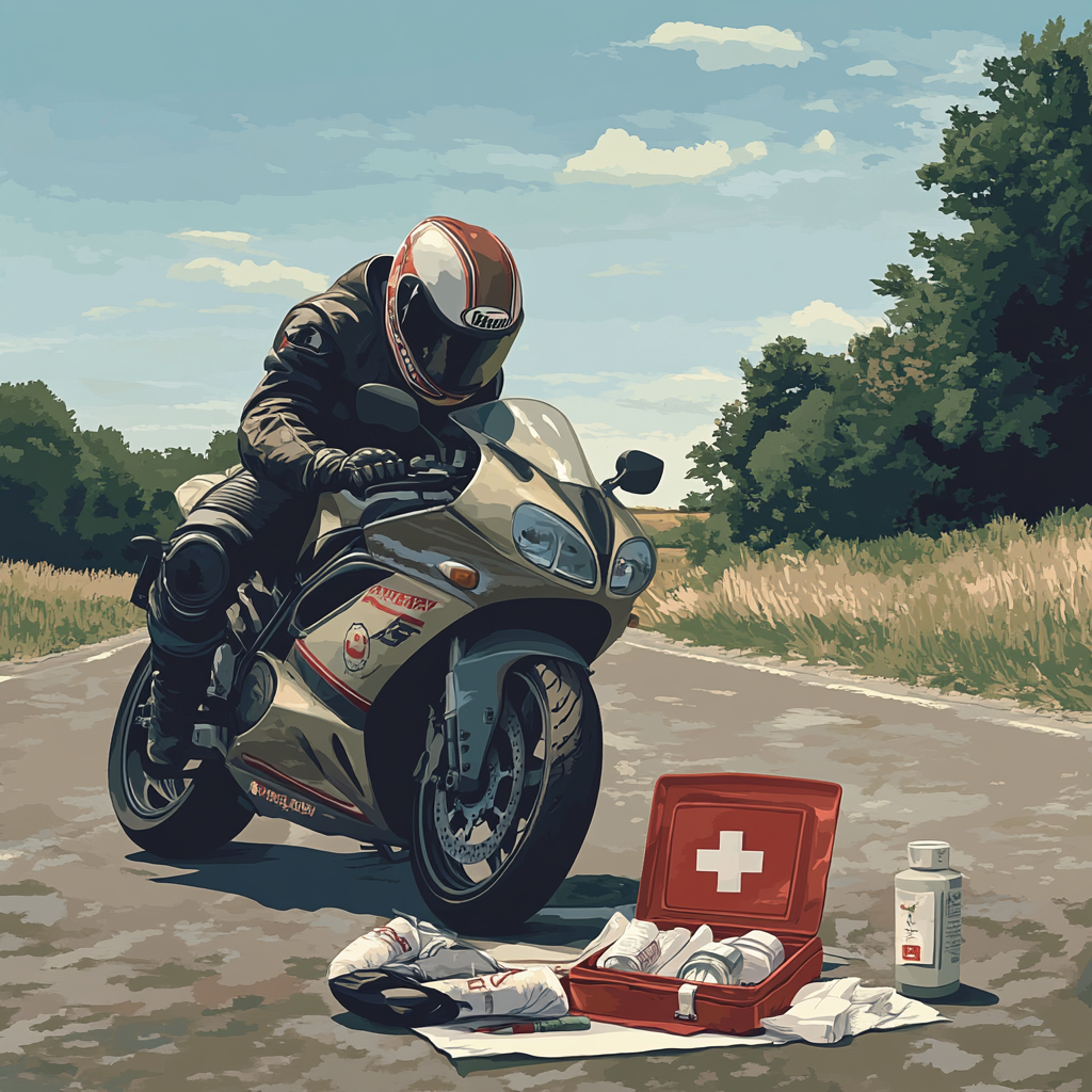 Motorcyclist with first aid kit on European roadside.