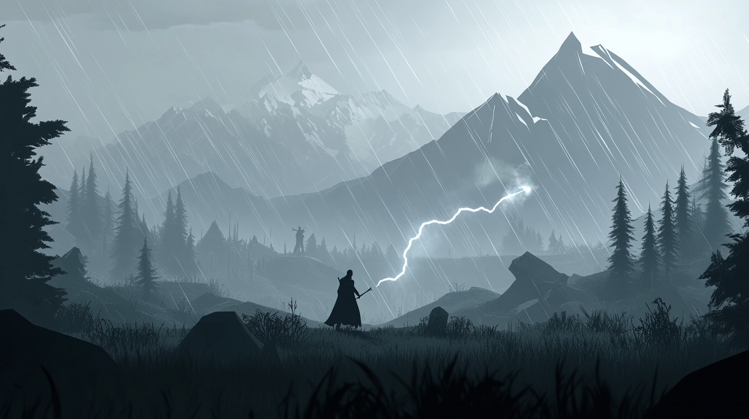 Mountain landscape with silhouettes fighting in heavy rain.