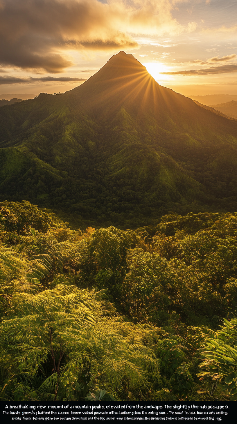 Mountain peak view with lush green forests, sunset glow.