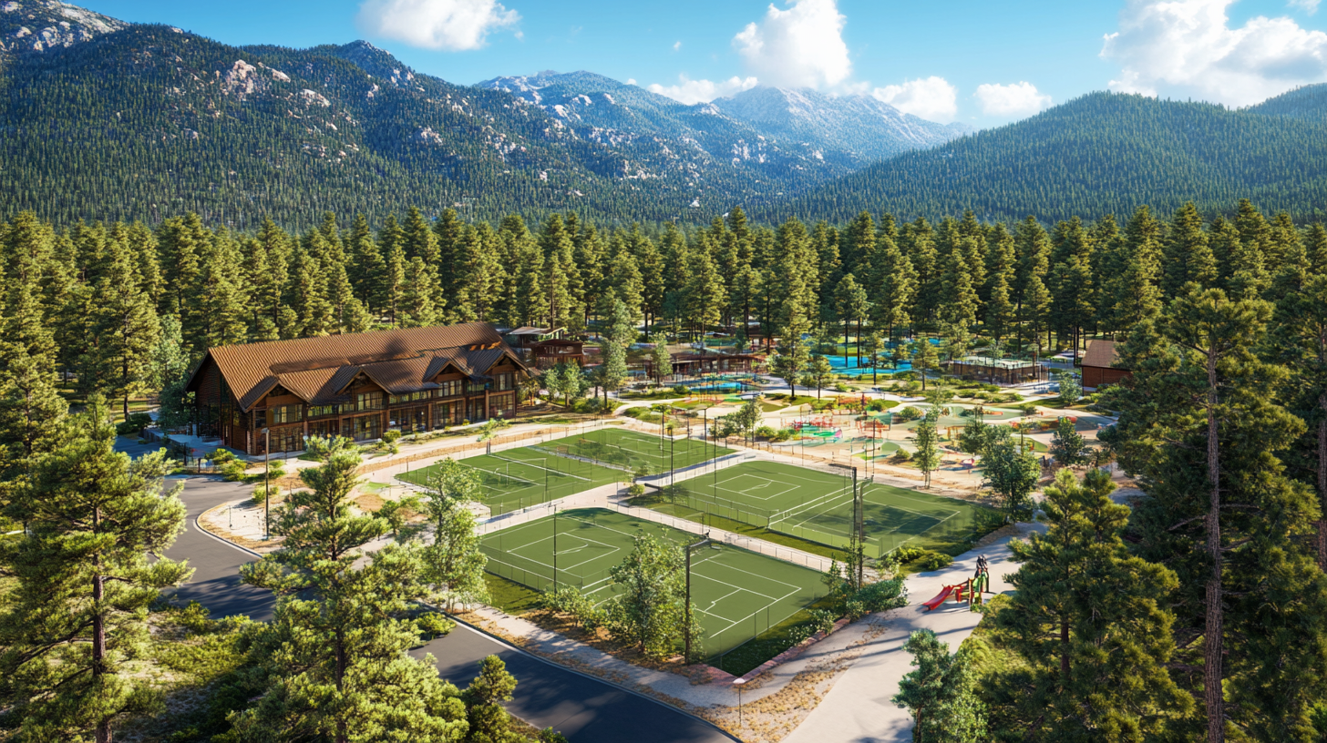 Mountain resort with courts, field, play area in forest