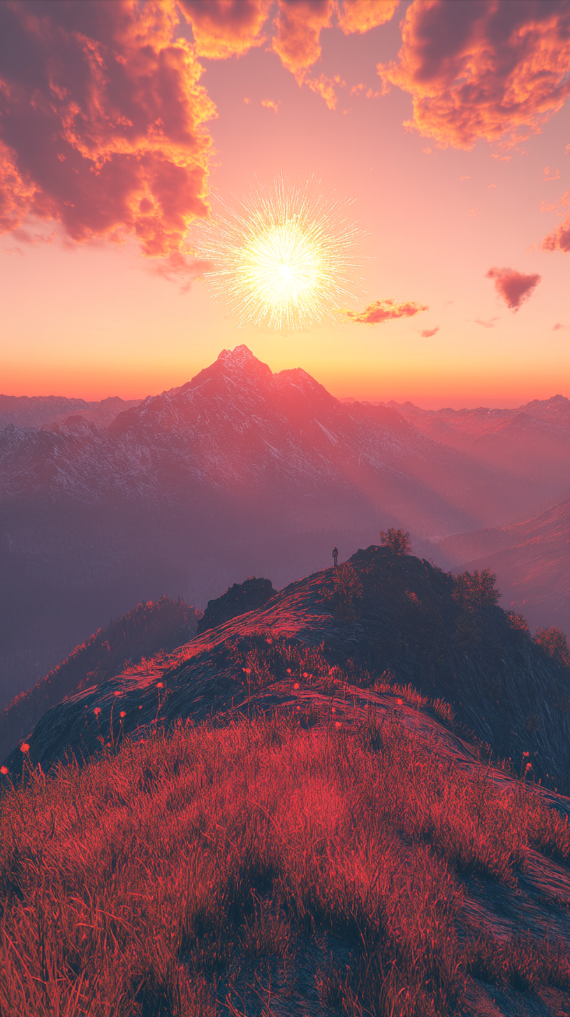 Mountain summit with grassy plateau, beautiful sunset sky.