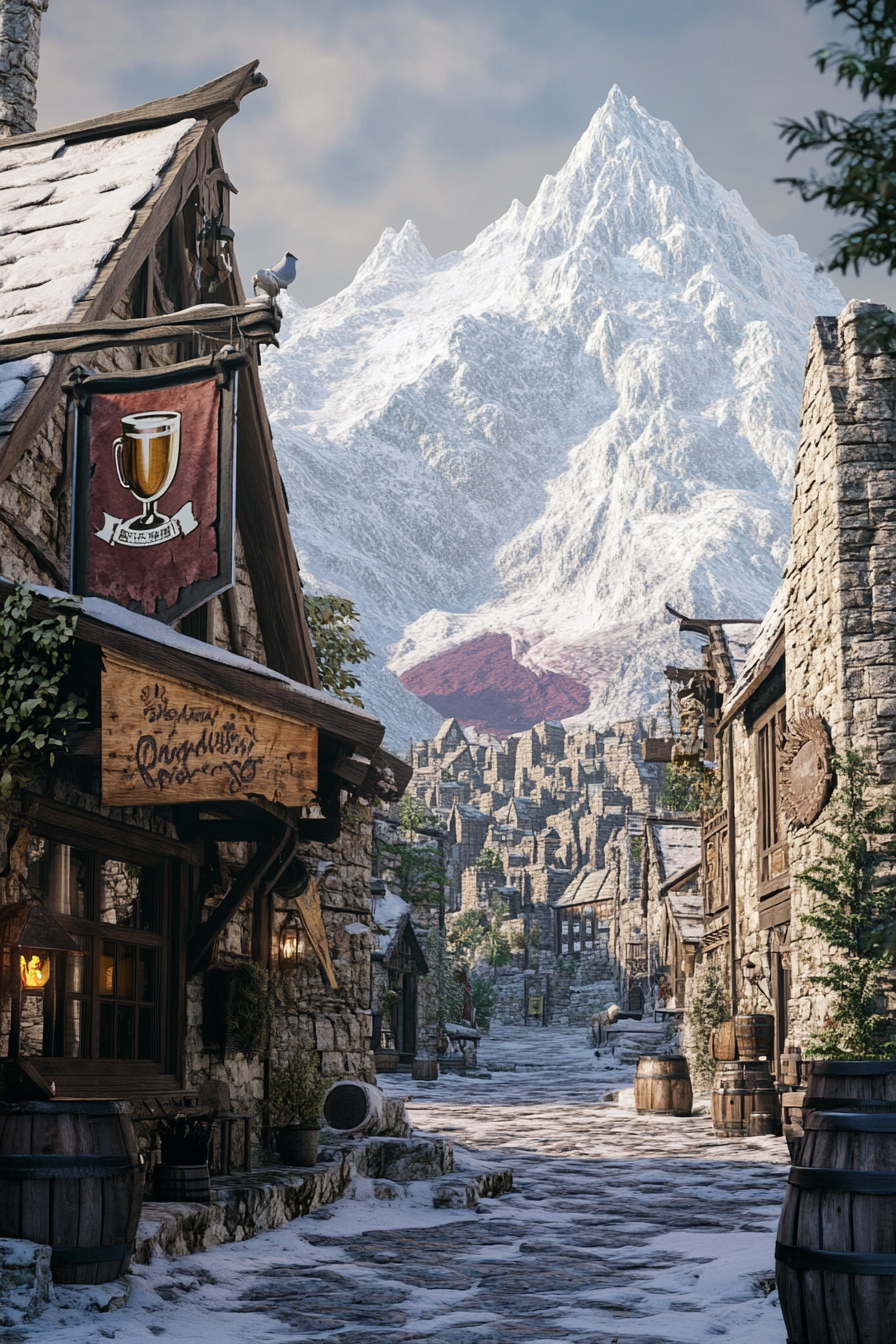 Mountain tavern trade post with snowy backdrop, hanging ale sign.