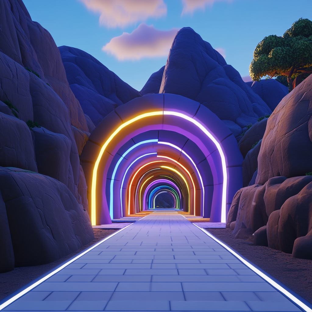 Mountain with tunnels in semi circle, different colored lights.