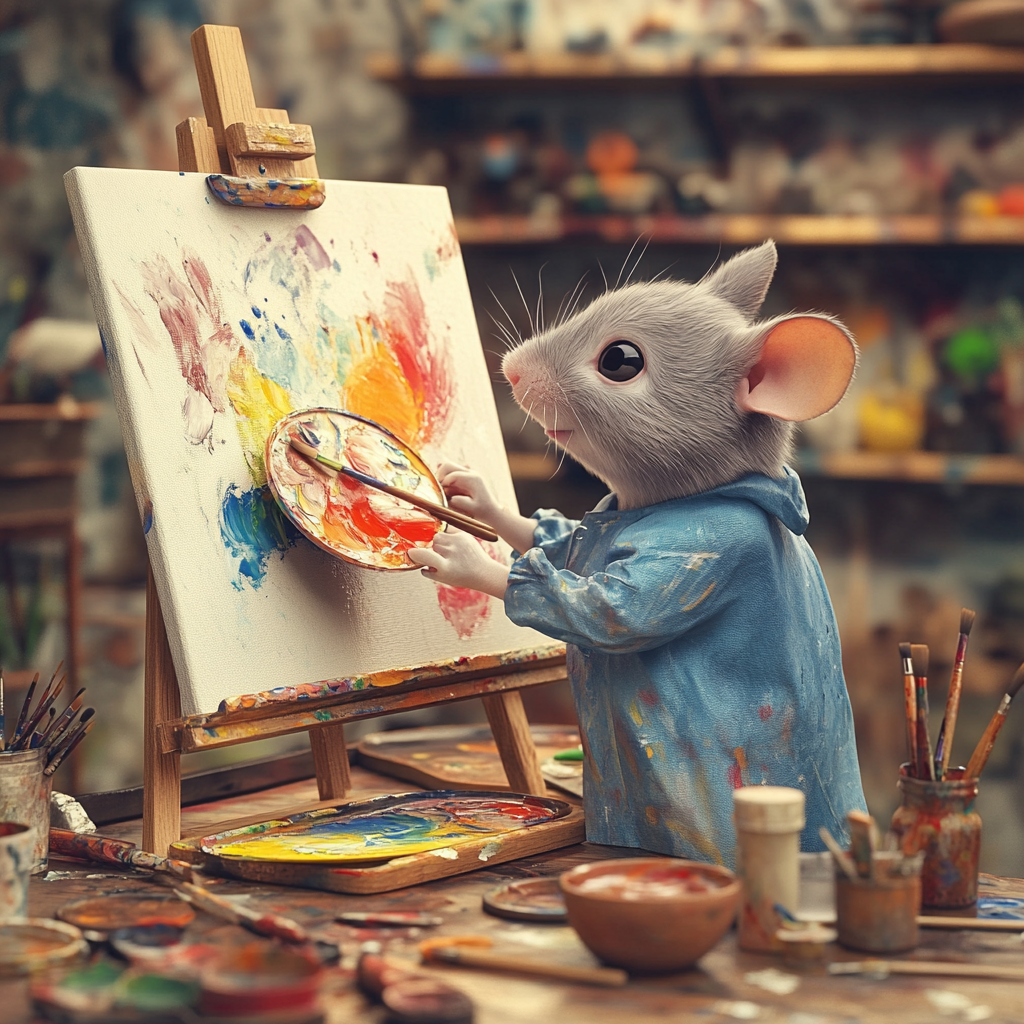 Mouse artist painting vibrant colors on canvas, in studio.