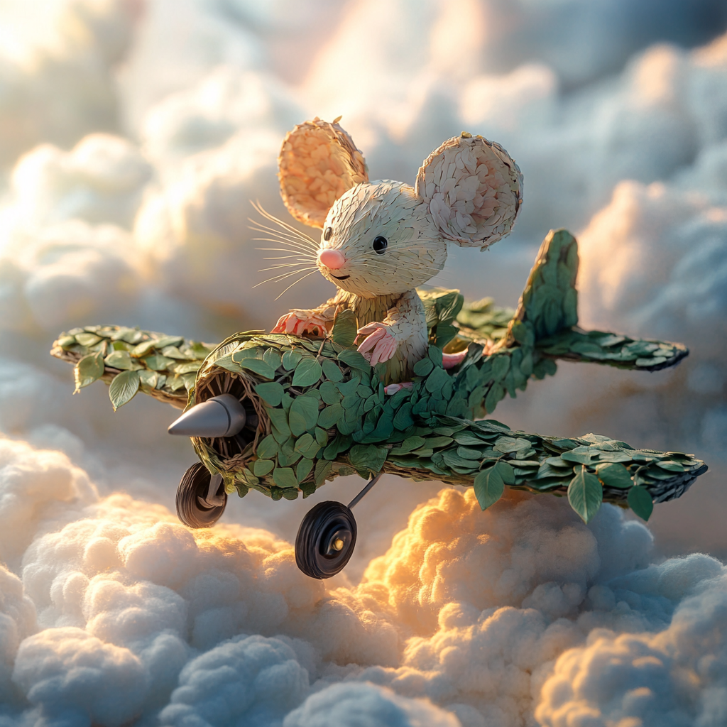 Mouse made of leaves on airplane in clouds.