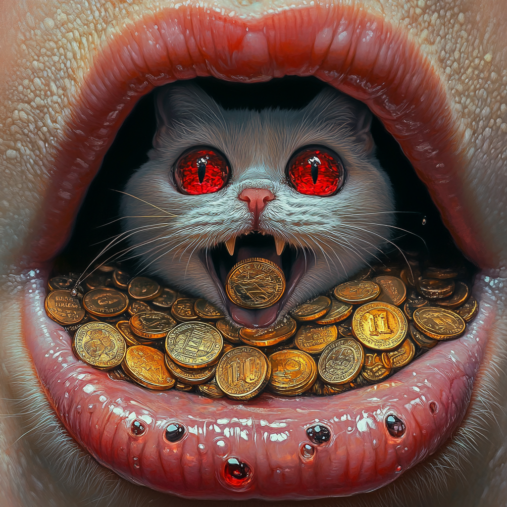 Mouth with acid tab showing cat with coins.