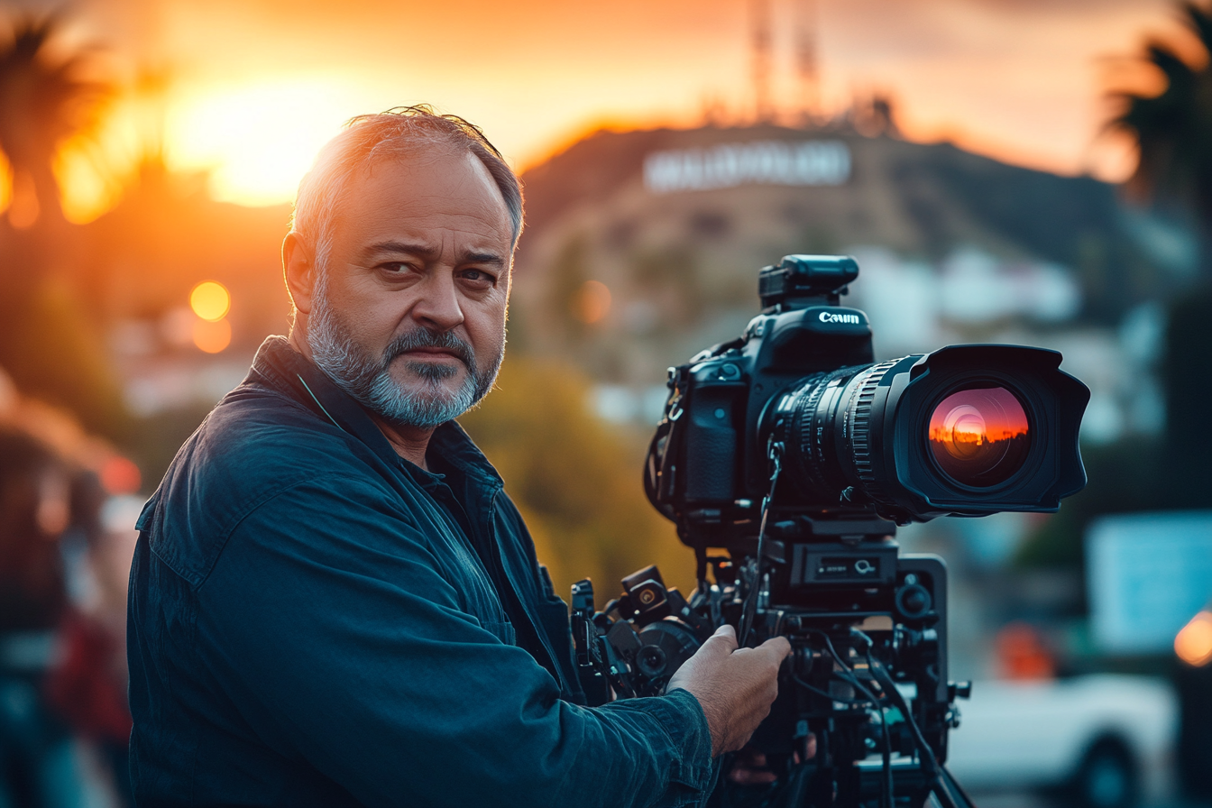 Movie director with camera on set, Hollywood sunset background.