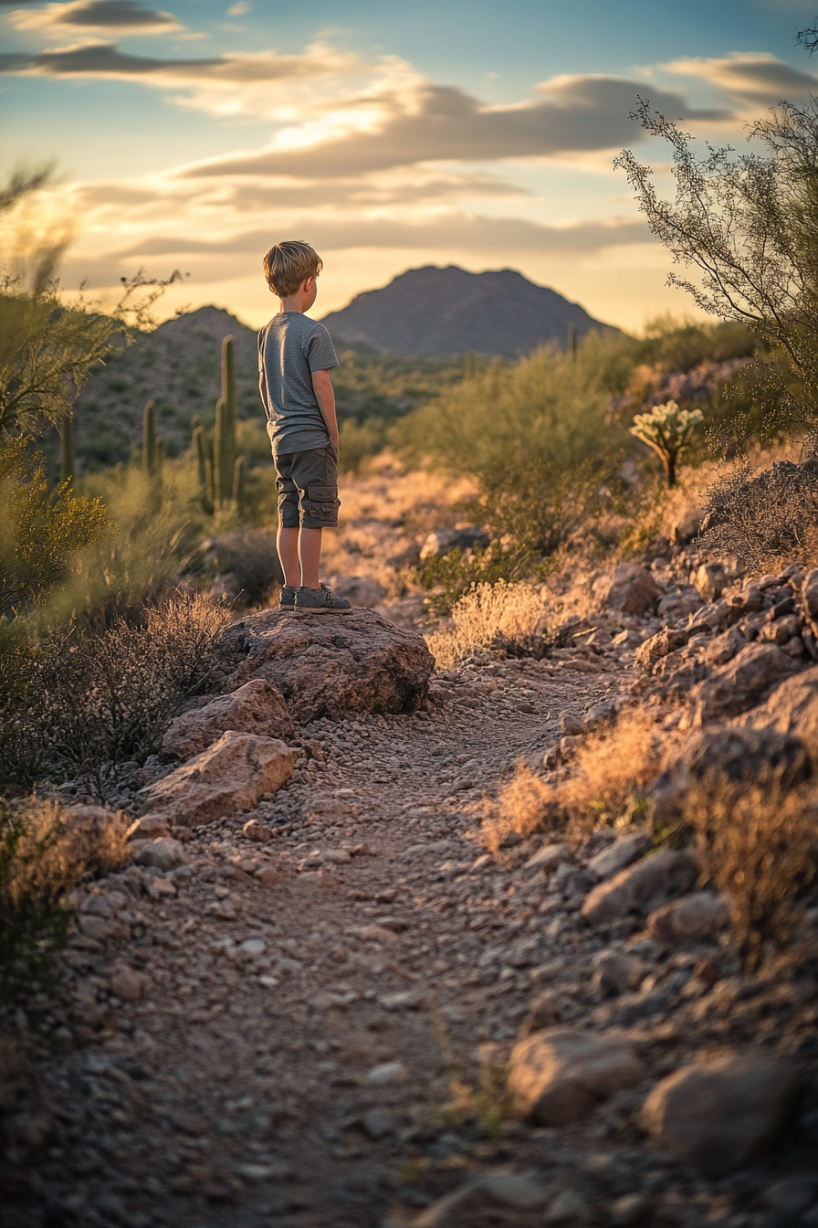 Movie poster style photo of small boy in desert.