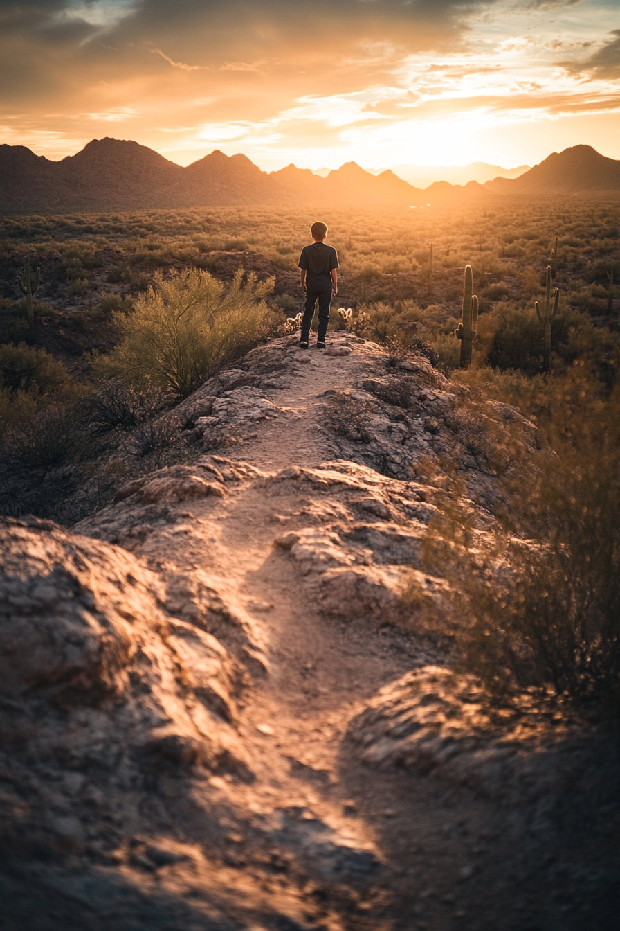 Movie style photo of a boy in desert.