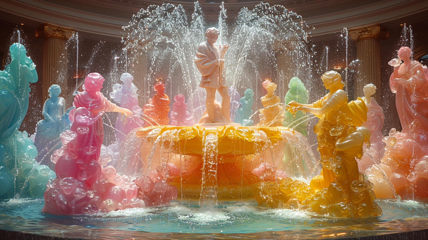 Multicolored Sorbet Fountain with Proposal Statue and Fish Sprayers