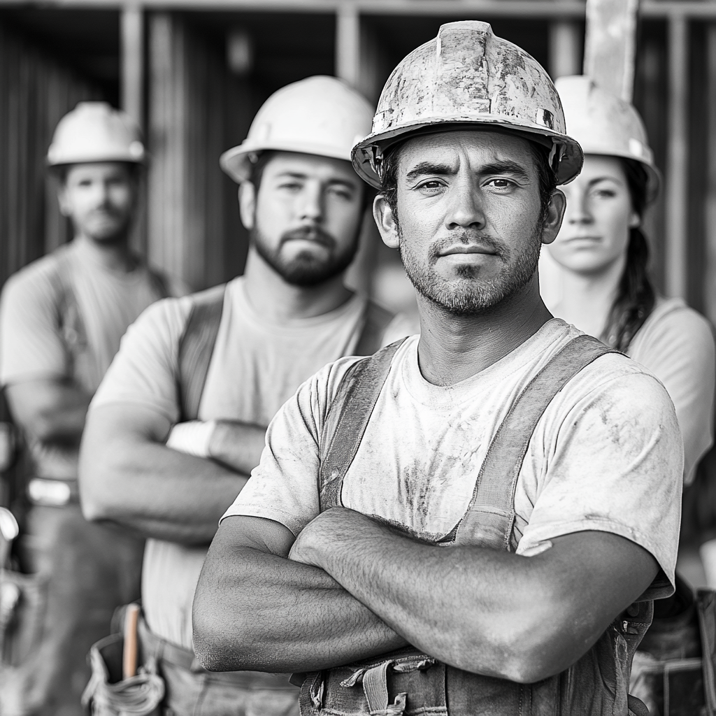 Multicultural construction team in professional attire and helmets.