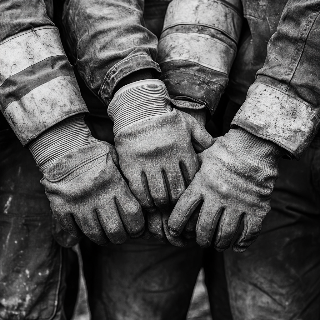 Multicultural construction team with folded hands, professional attire.