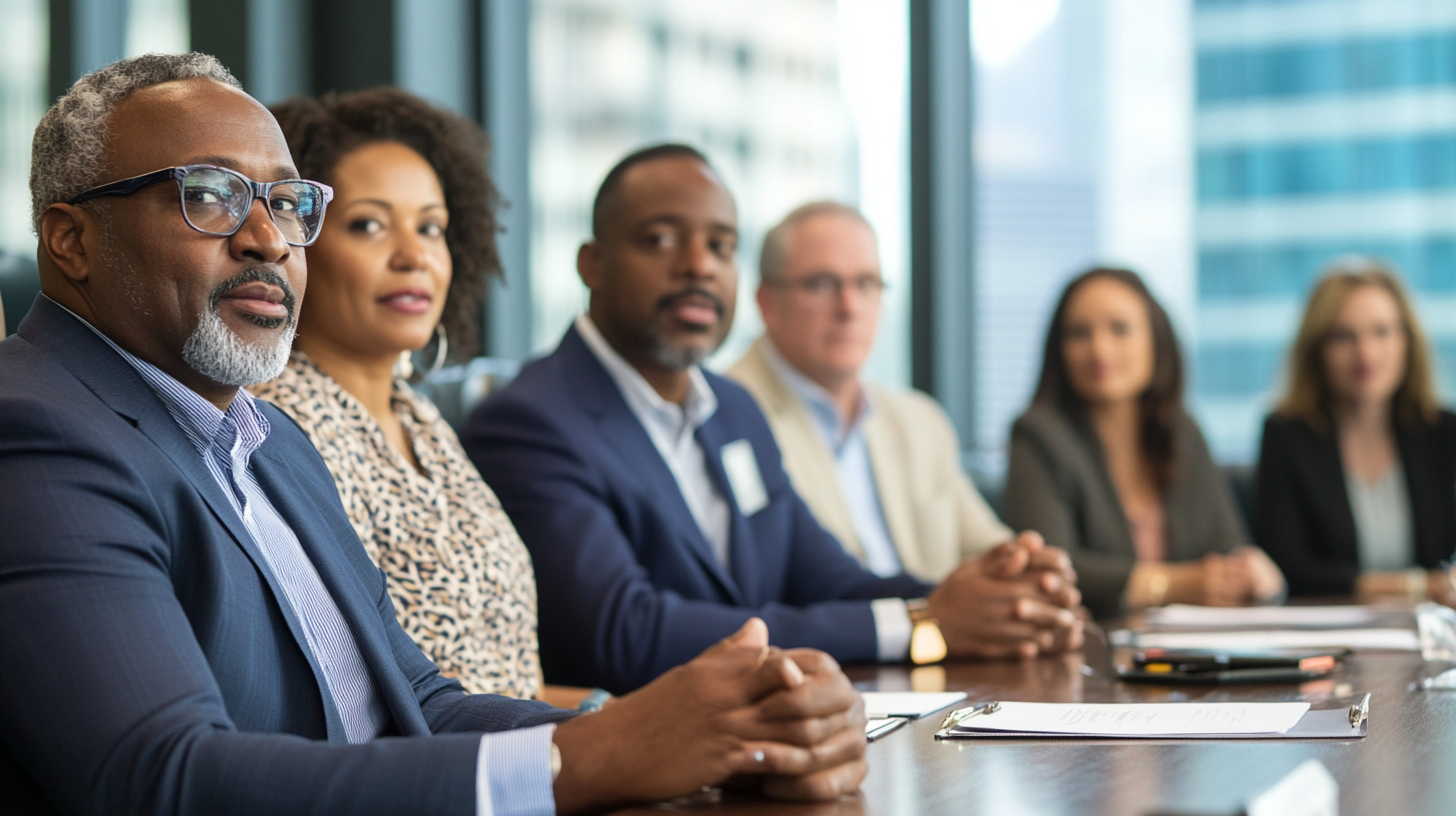 Multicultural executives in serious meeting, cityscape backdrop