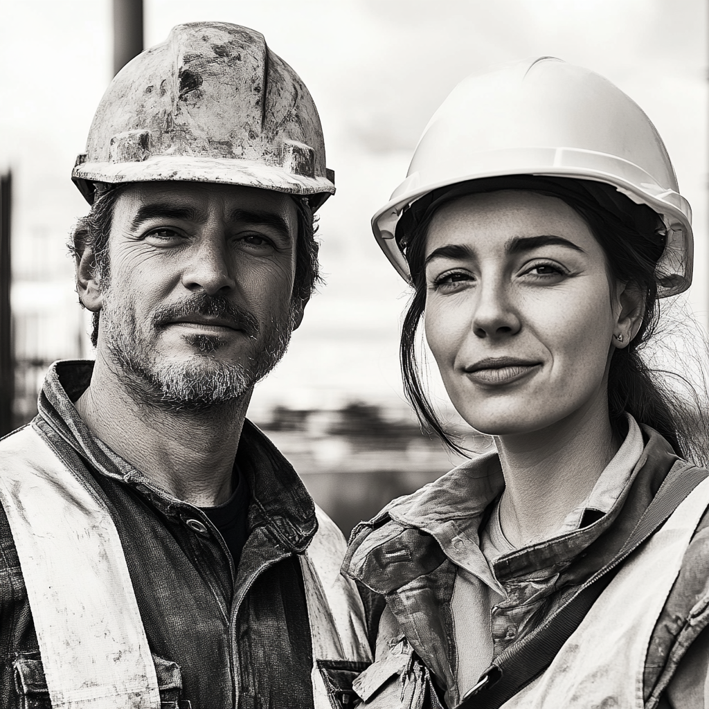 Multicultural man and woman construction workers with helmets.