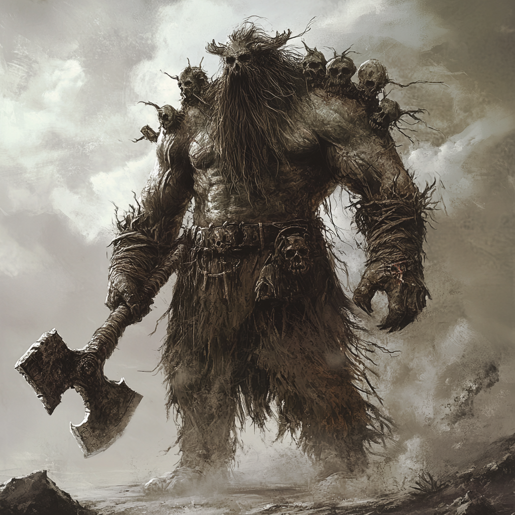 Multiheaded giant with great axe, realistic fantasy creature.