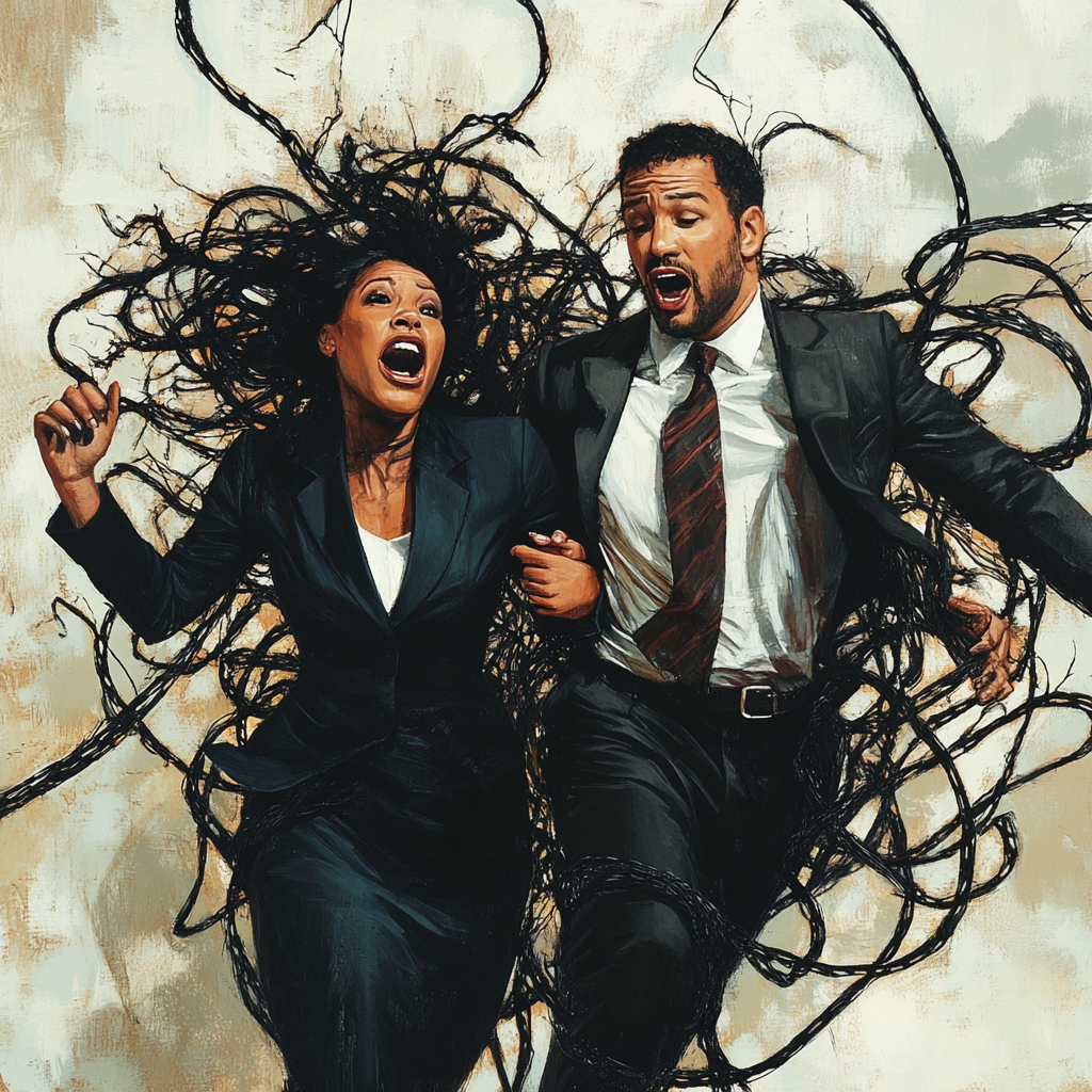 Multiracial Business Duo Escaping Tangled Chaos