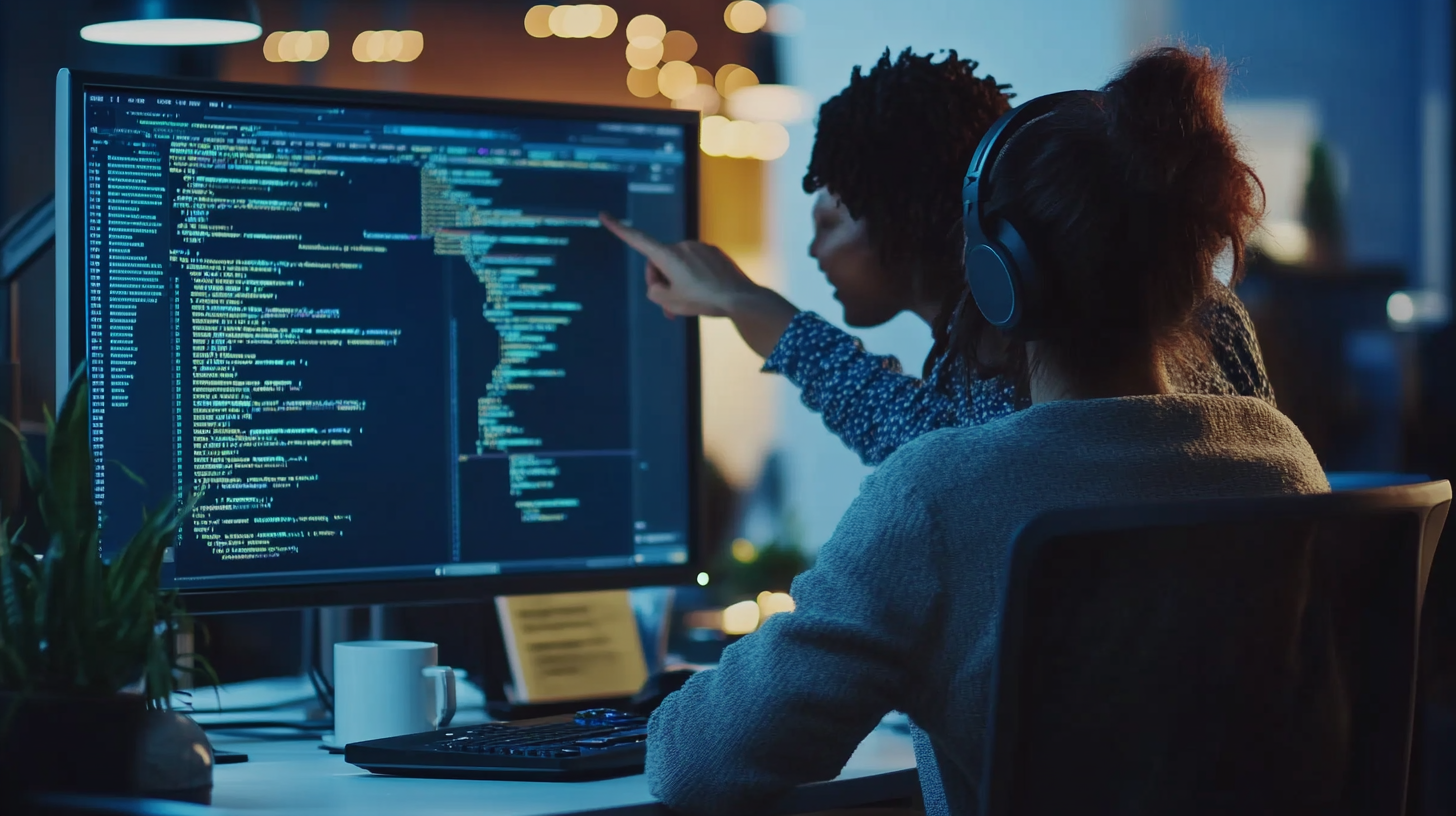 Multiracial male and female developers coding together at night.