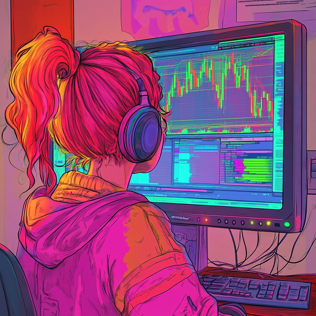 Muppet-style Pinkish Red Female Viewing Trippy Crypto Chart 