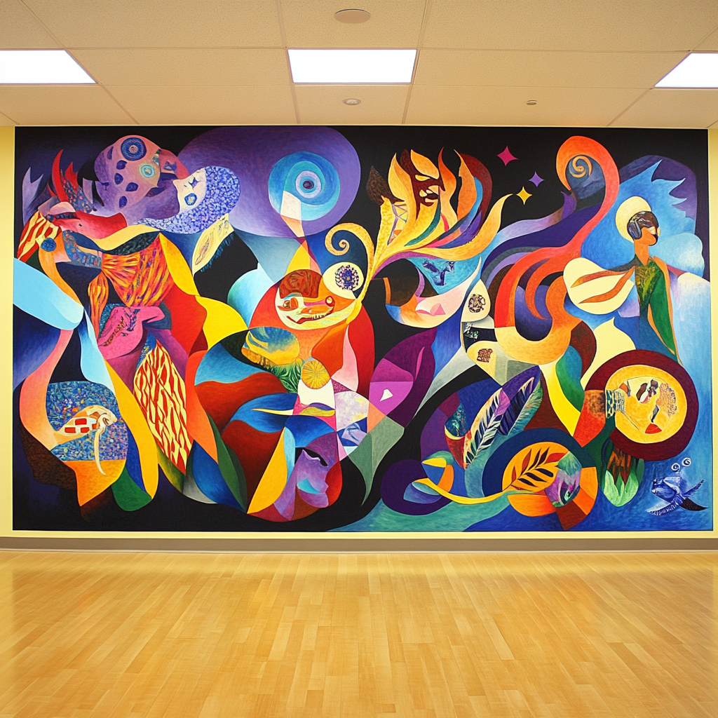 Mural with diverse patterns, cultural motifs and student expression.