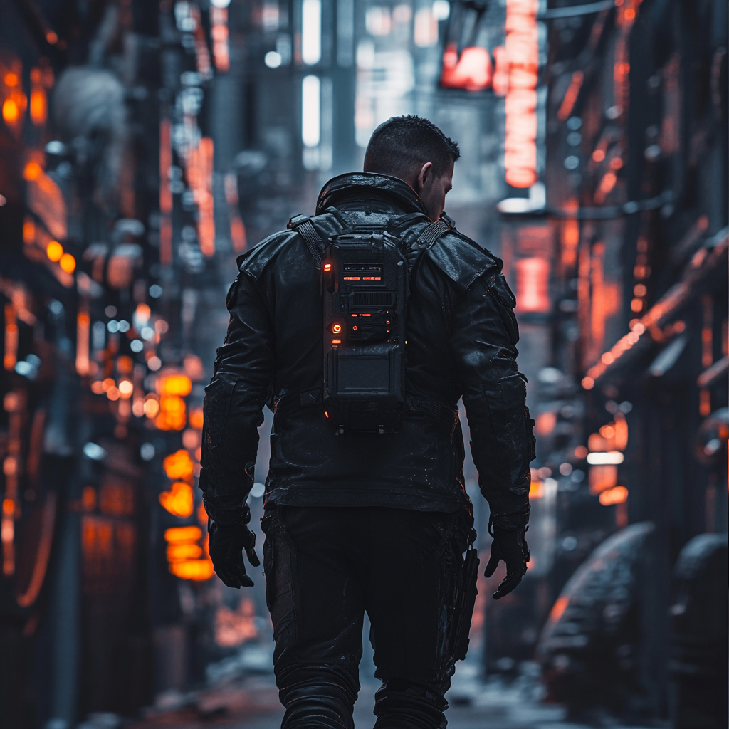 Muscled man in dark futuristic city, cinematic lighting 