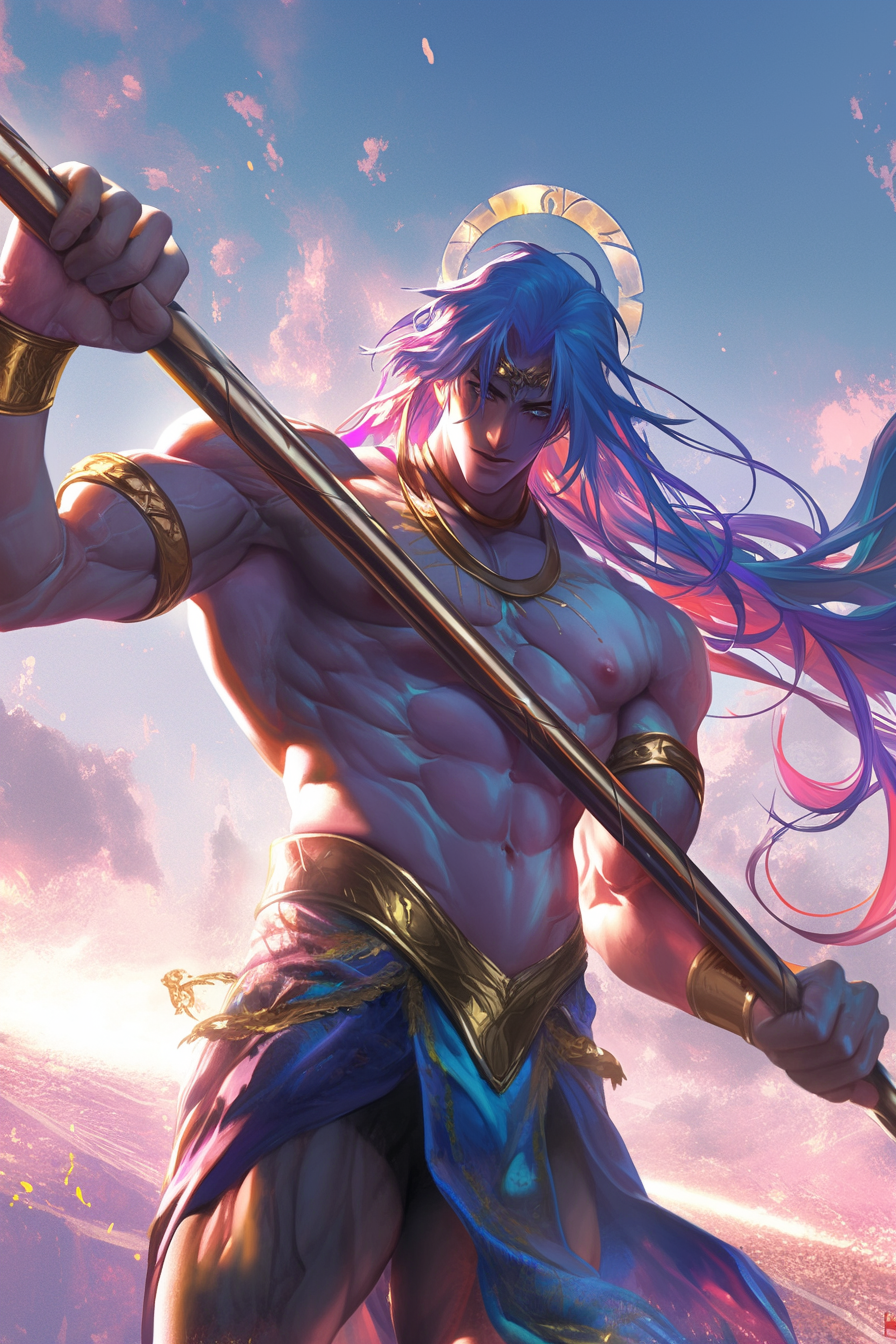 Muscular, handsome Orion wielding spear in detailed anime art.