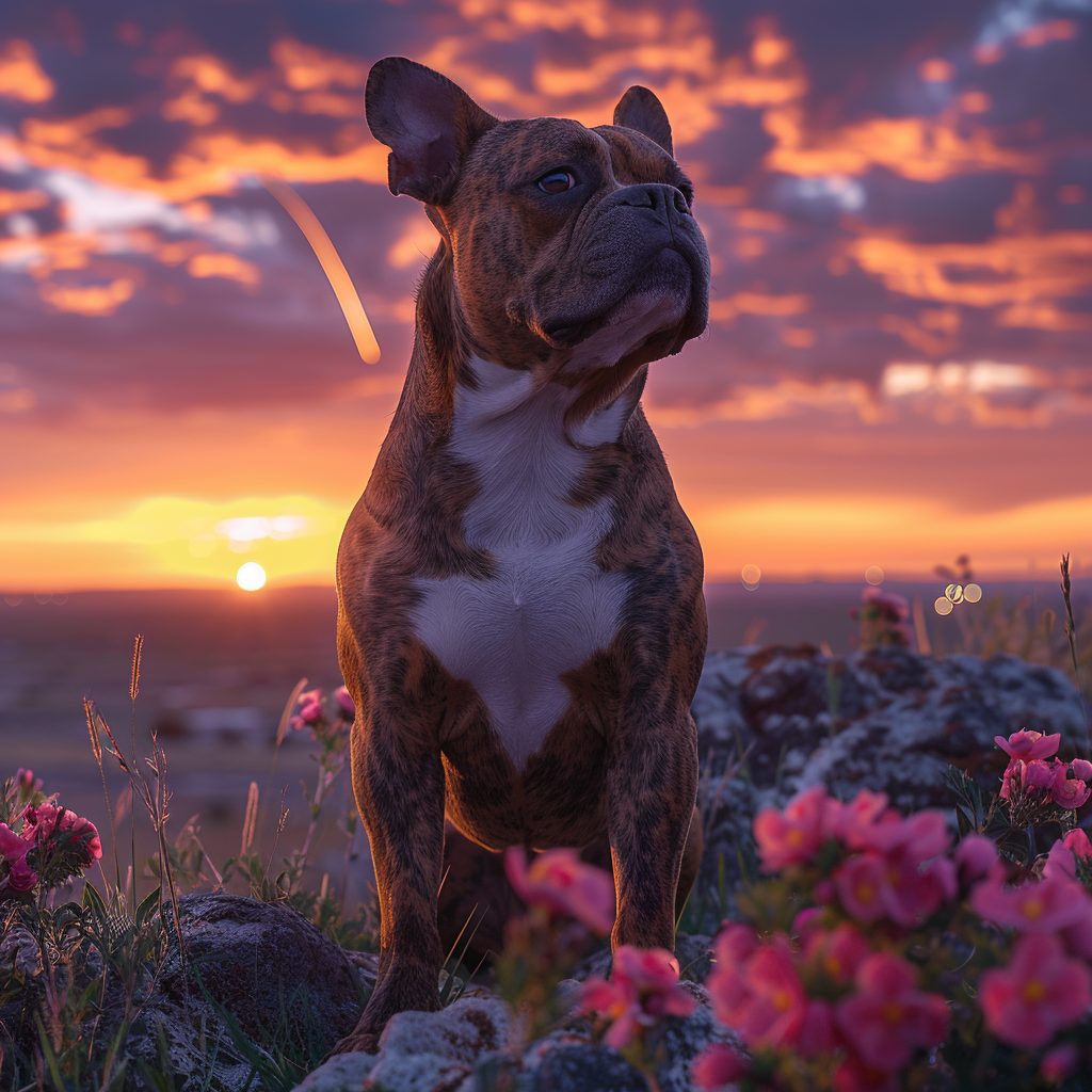 Muscular American Bully Dog at Majestic Sunset Landscape